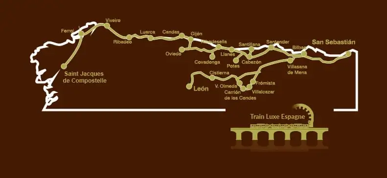 Carte de l'itin&eacute;raire El Transc&aacute;ntabrico Gran Lujo de San Sebasti&aacute;n &agrave; Saint-Jacques-de-Compostelle
