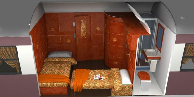 Habitaci&oacute;n Gran Clase du train Al Andalus en mode nuit avec deux lits simples et salle de bain